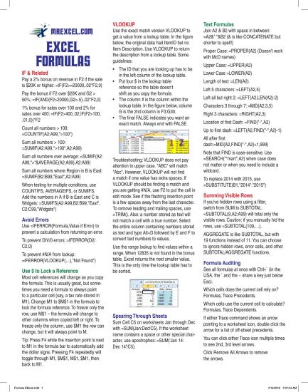 Excel Formulas Tip Card